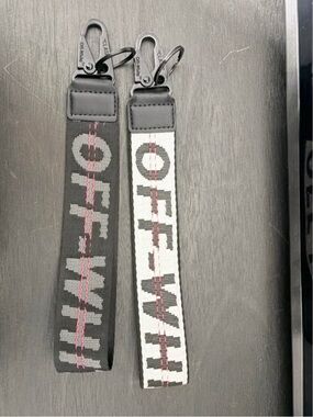 Off-White Black and White Logo Strap Key Rings with Pink Stitching